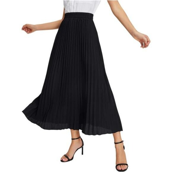 Womens Pleated Long Skirt High Waist Solid Maxi Skirt Casual Flowy Work Skirt - Picture 5 of 6